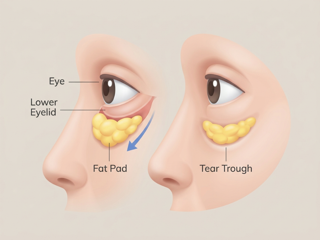 The transconjunctival approach allows fat to be moved from the bulge to the hollow without external scars.