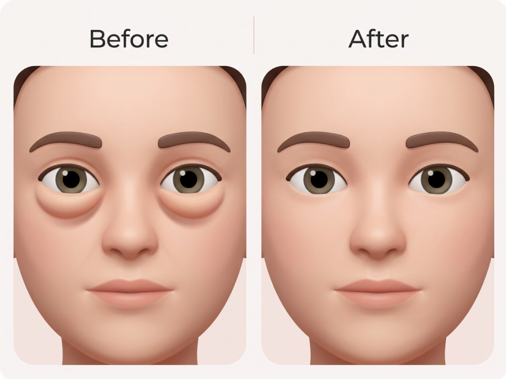 Under eye fat repositioning smooths the lower eyelid contour and reduces shadows.