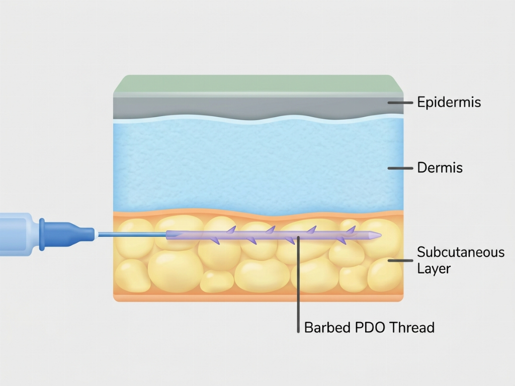 Threads are inserted into the subcutaneous layer to anchor and lift tissue.