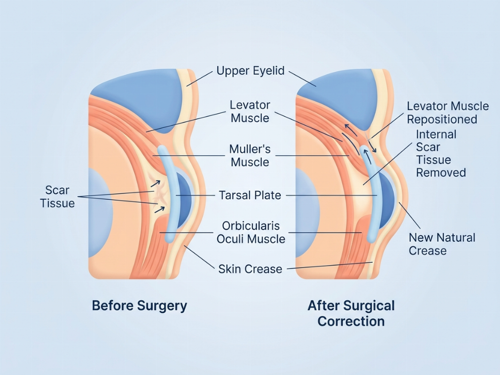 Revision surgery involves carefully releasing old scar tissue to restore natural movement.